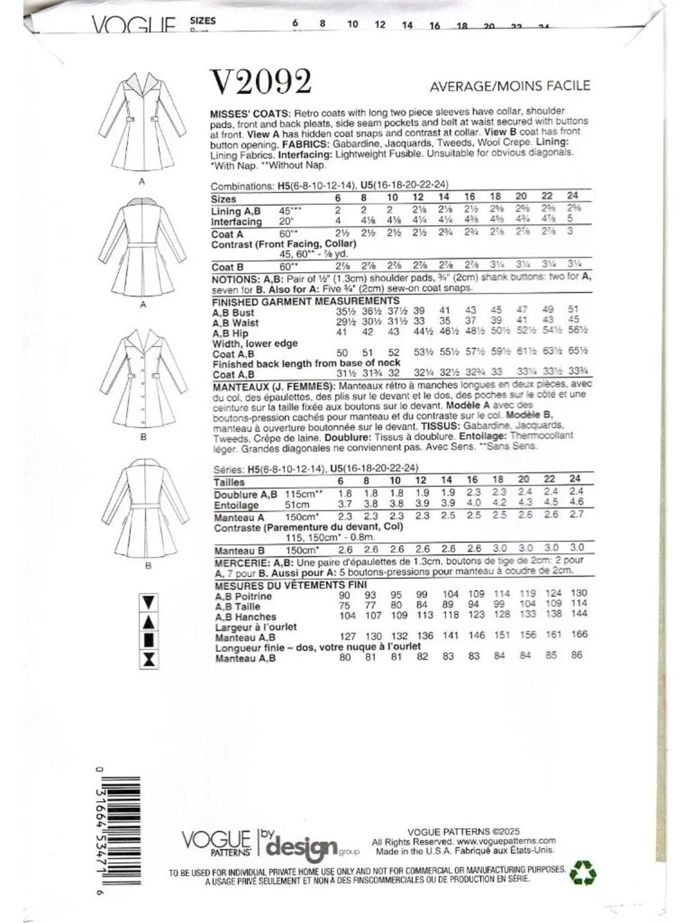 Vogue V2092 Misses 16 to 24 Retro Outerwear Coats Uncut Sewing Pattern